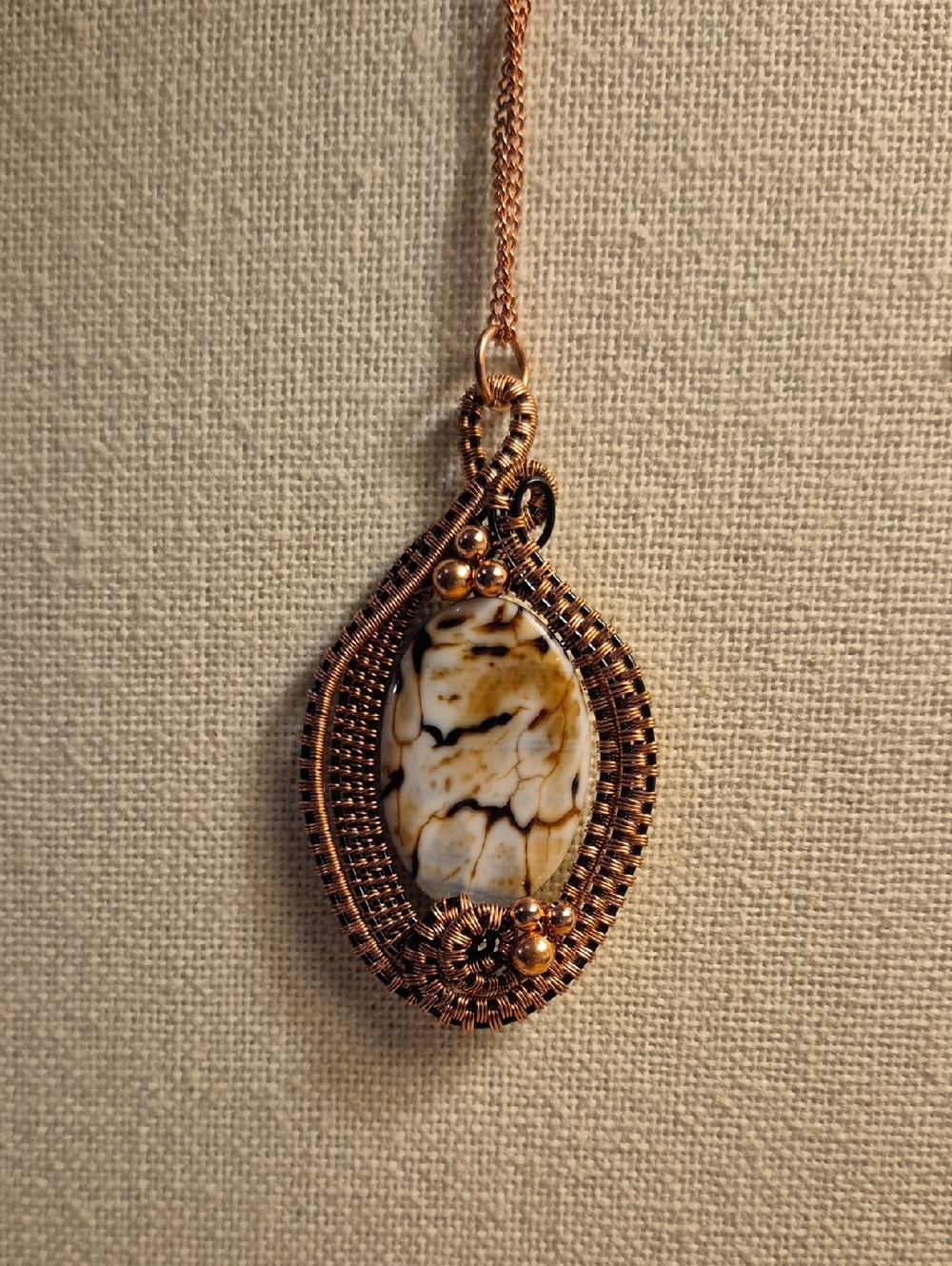 Handcrafted Copper Wire Wrapped White and Brown Jasper Pendant Necklace